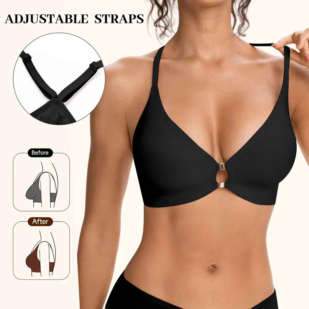 COMFBAY Deep V Lace Racerback Front-Closure Bra